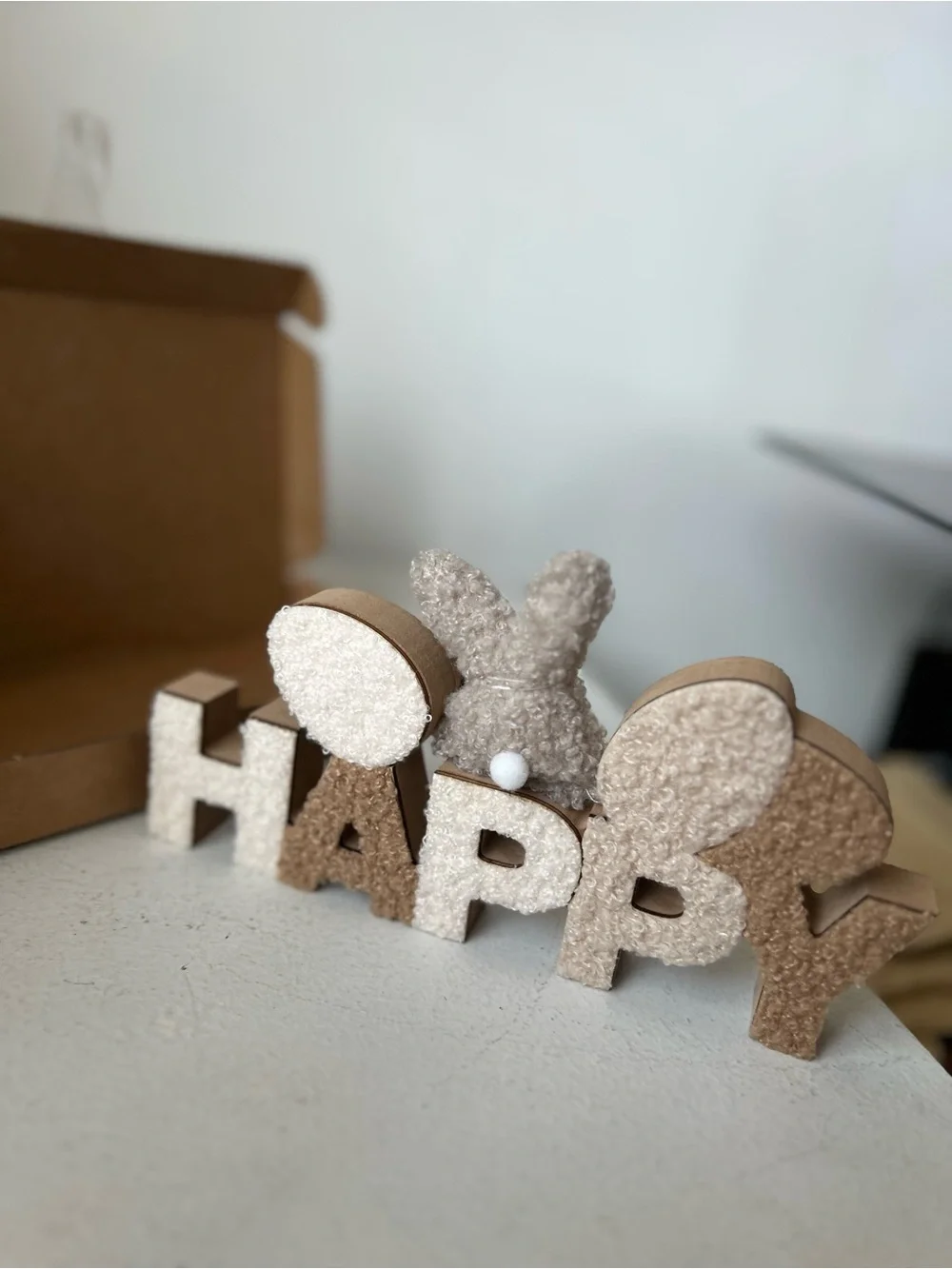Happy Bunny Text Decor in Cream and Tan - Home Party Supplies new in box